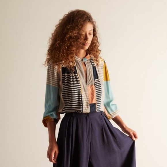 Anthro odells color blocking‎ patch blouse - Picture 1 of 6